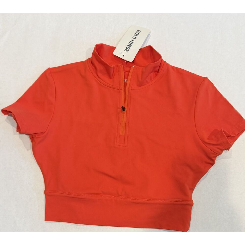 Gold Hinge Orange Athletic Half-Zip Crop Top Short Sleeve NWT